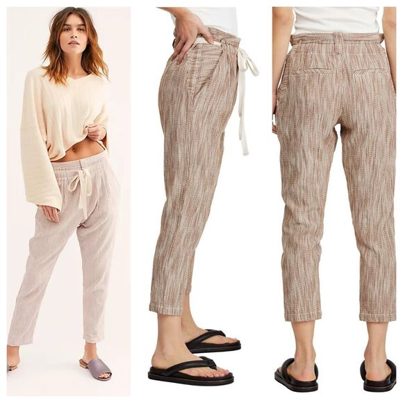 Free People Light At Sunrise Paperbag Pants Size 6 Cropped Super High Rise Strip - Picture 2 of 16